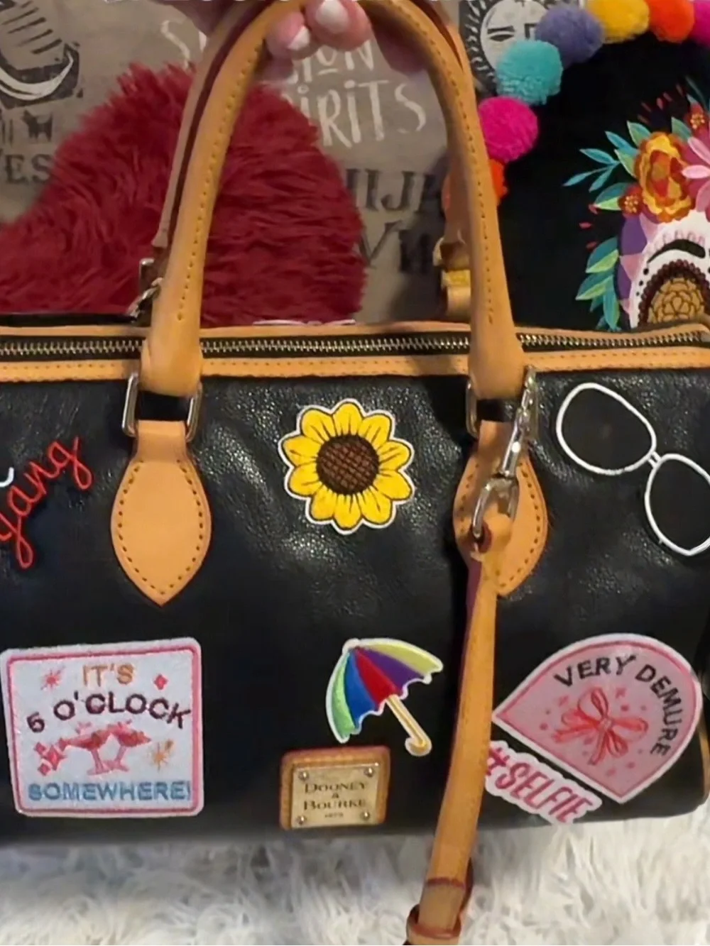 Dooney & Bourke Black Leather Satchel with Tan Trim and Colorful Patches